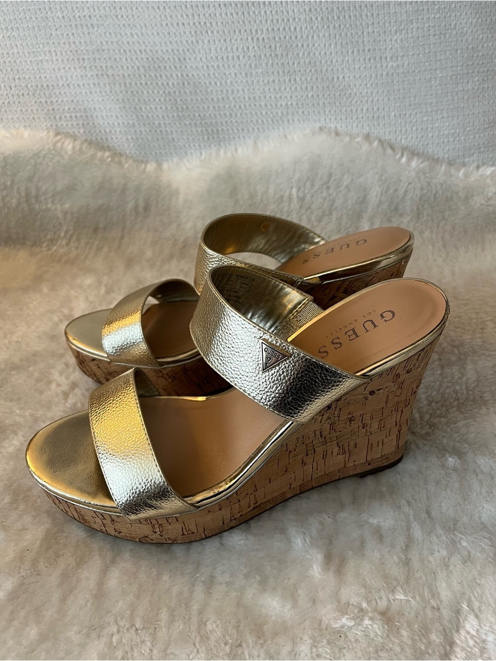 GUESS Metallic Gold Cork Wedge Slide Sandals